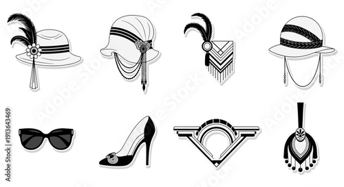 A collection of elegant Roaring Twenties fashion accessories, including cloche hats with feathers, stylish high heels, and art deco jewelry designs, perfect for vintage-themed projects.