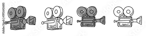 Set editable sketch drawing filming camera vector for indie film projects. Ideal for vlog logos, creative video blogs, and casual cinematic designs. Symbolizes amateur directing and storytelling.