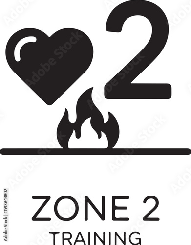 Black heart and fire above number 2 and text zone 2 training flame
