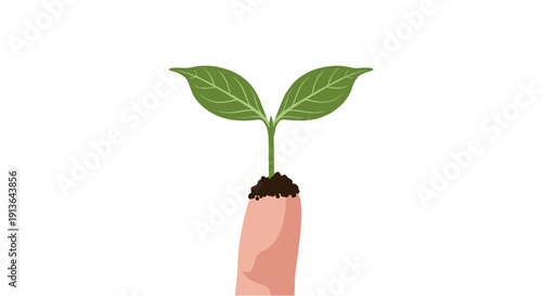 A delicate green sprout emerges from a small mound of earth, meticulously balanced on the tip of a human finger, symbolizing new beginnings and growth.