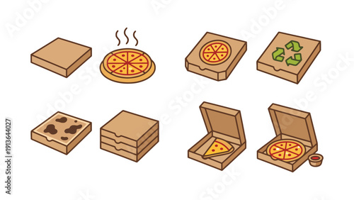 Pizza boxes and various pizza packaging designs illustration