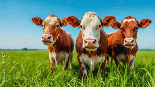 Cow footage in a green meadow, cattle care, free-range grazing and healthy dairy cattle