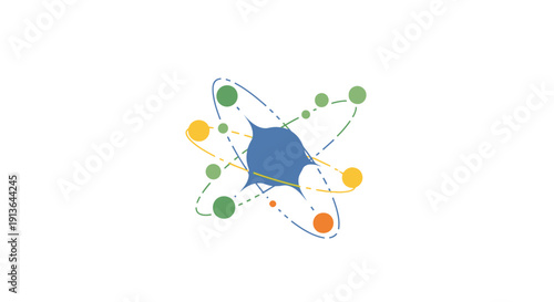 Blue Atom Molecule Structure with Colored Electrons.