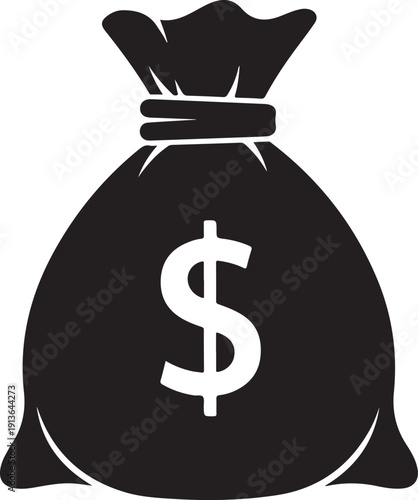 Black money bag with white dollar sign currency finance wealth des