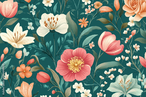 A seamless pattern of colorful flowers, set against a teal green background. The design incorporates dark emerald and coral pink hues, with vibrant colors and hand-drawn elements that create an elegan