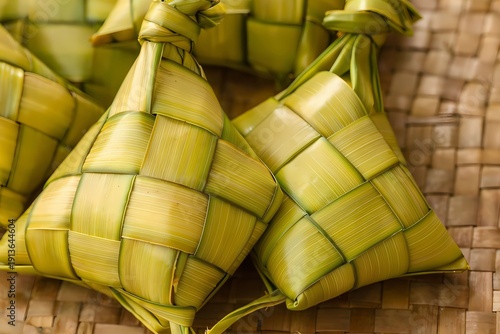 Close-up of Traditional Ketupat Woven from Palm Leaves