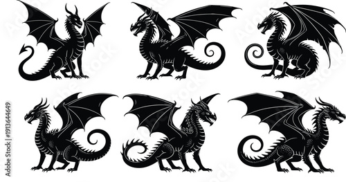 Black silhouette vector icon set featuring six different mythical dragons with large wings and long tails, representing fantasy, power, strength, and mythology.