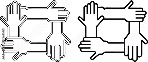 Four human hands holding each other's wrists in a square loop, symbolizing teamwork, unity, and support. Minimalist line art vector icon.