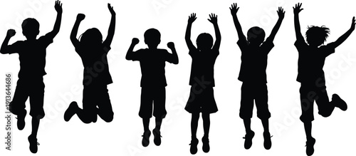 Silhouette of happy children jumping and celebrating together, group of joyful kids with arms raised, childhood friendship and success concept, isolated white.