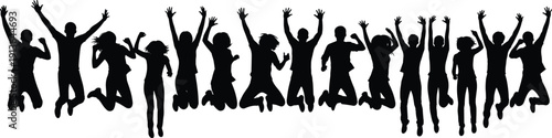 Silhouette of happy diverse people jumping and celebrating together, group of joyful men and women with arms raised, community success and victory, isolated.