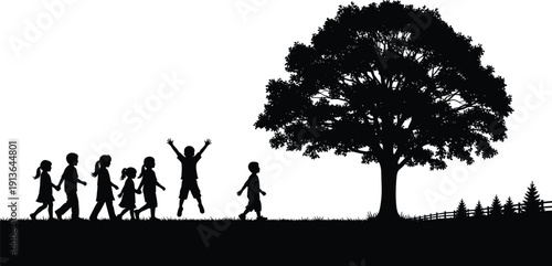 Black children silhouettes walking and jumping in a meadow under a large oak tree for outdoor education and happy childhood growth concept,