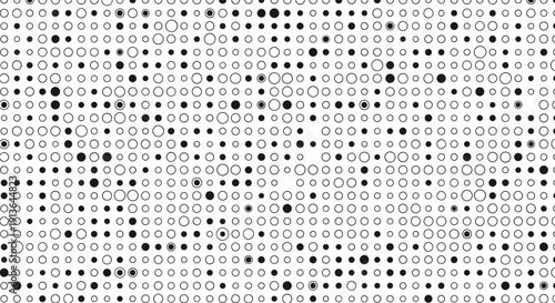 Black and white vector illustration of abstract circle grid with solid, outlined, and partially filled circular shapes arranged in rows