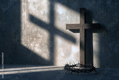 Silhouetted cross casting shadows against a textured wall with thorns below