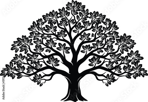 Black silhouette of a large oak tree with spreading branches and dense leaves, isolated on white background, nature life vector illustration, symbol.