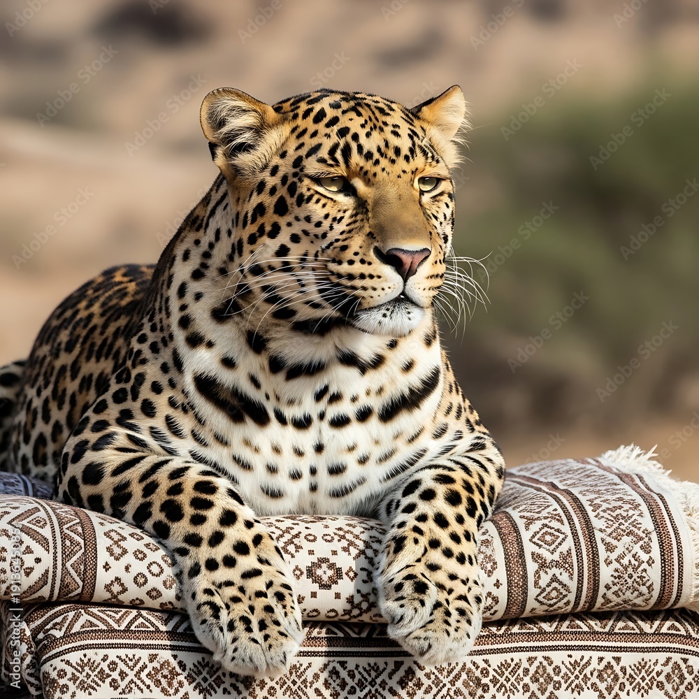 Naklejka premium Leopard Resting on Ornamental Cushion Outdoors.
