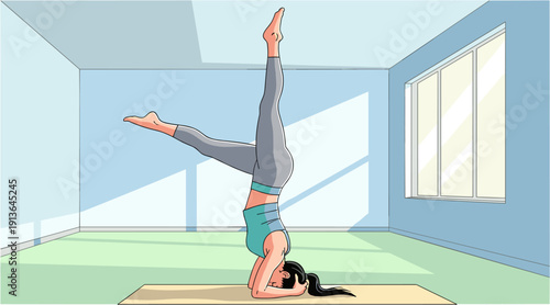 A fit woman demonstrates an advanced yoga headstand pose, balancing her body and legs in a bright, minimalist studio environment.