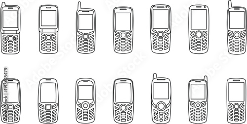 Set of retro mobile phones line art vector illustration, classic keypad cellphones isolated on white background for vintage communication technology design