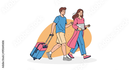 A happy young couple walks together, carrying luggage and a laptop, ready for an exciting journey or business trip.