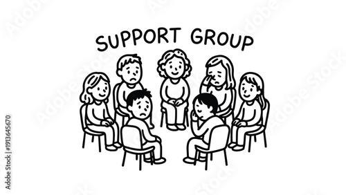 Support group meeting with diverse people in a circle discussion