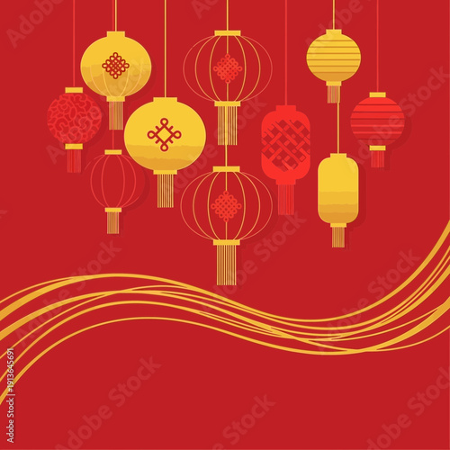 Vibrant Chinese lanterns suspended in mid-air against a deep red background, symbolizing celebration and cultural heritage