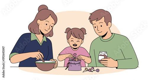 Happy family enjoying quality time together, parents and their young daughter engaging in a fun and educational activity at home.