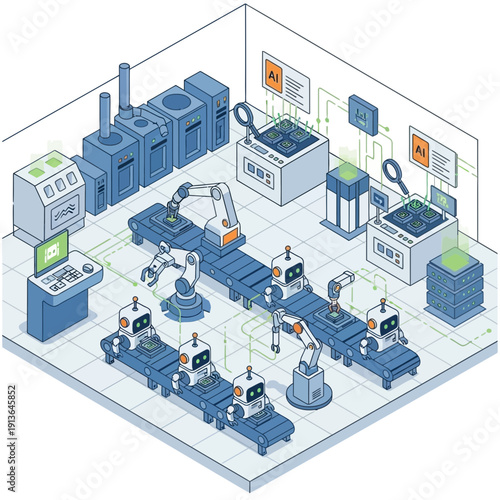 Automated manufacturing facility with robotic assembly lines and computer-controlled machinery in a modern industrial setting from an isometric viewpoint