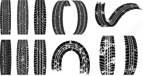 Black Silhouette Tire Tread Pattern Set Depicting Automotive Design, Vehicle Safety, Road Grip, Forensic Analysis, and Transportation Concept