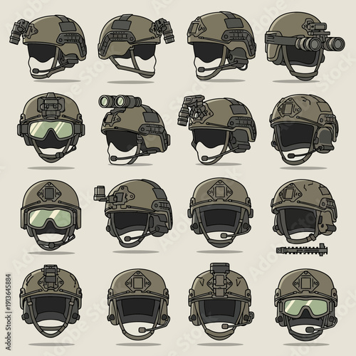 Military helmets with various accessories and camouflage patterns displayed in a grid layout from a front viewpoint