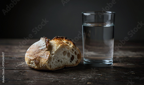 Rustic cross section of artisanal sourdough bread resting beside a simple clear glass filled with refreshing water on a dark wooden table creating a moody still life scene