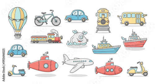 Collection of Hand Drawn Transportation Vehicles and Aircraft.