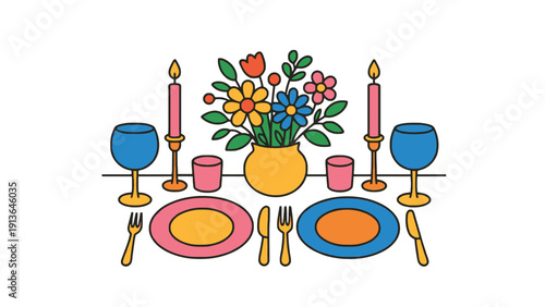 Table setting icon with colorful flowers and dinnerware illustration