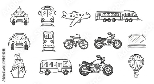 Collection of Hand Drawn Transportation Vehicles and Aircraft Icons.
