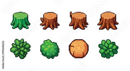 A pixel art collection of eight natural elements, featuring various green and brown tree stumps and diverse green bushes.