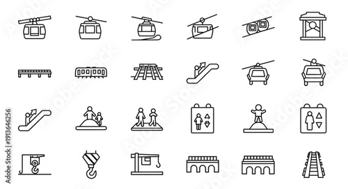 Collection of hand drawn transportation and infrastructure icons.