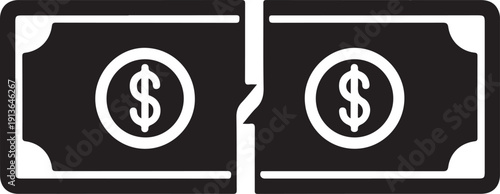 Two broken black rectangles with white dollar signs inside money currency finance des