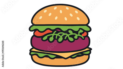 Burger vector illustration with cheese and lettuce on a sesame seed bun