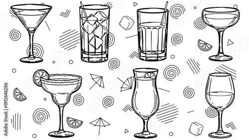 Cocktail glasses vector illustration set with various shapes and designs