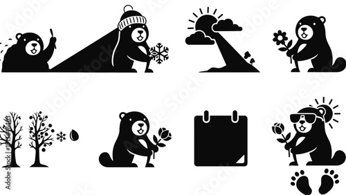 Bear silhouette icons with seasonal elements and calendar
