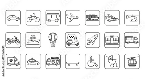 Collection of hand drawn transportation icons in a grid.