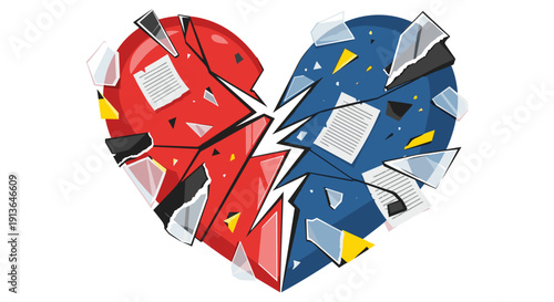 A vibrant, shattered heart, split in red and blue, symbolizing broken relationships, emotional pain, and the complexities of love and loss.
