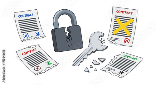 Broken padlock and key with various contract documents symbolizing legal complications, failed agreements, and security breaches.