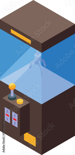 Arcade claw crane machine grabbing a prize in isometric view