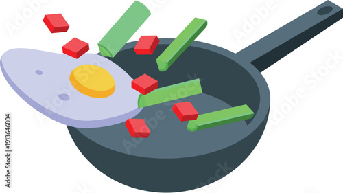 Frying pan cooking a delicious breakfast of fried egg, chopped green onions and red bell peppers