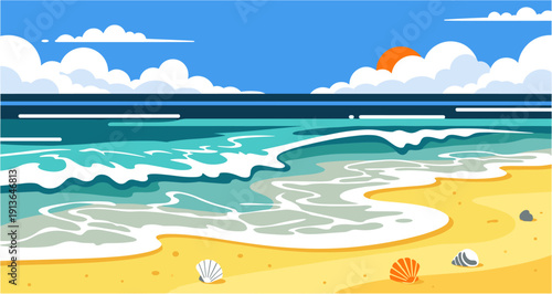 Vibrant cartoon illustration of a sunny beach scene with gentle ocean waves, fluffy clouds, and a bright sunset over the horizon.