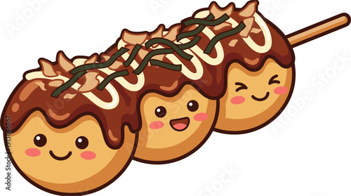 Cute Kawaii Takoyaki Skewers with Drizzle and Toppings on White Background