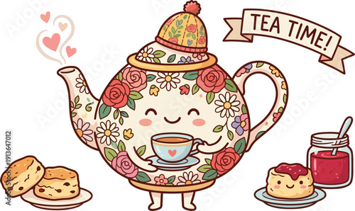 Kawaii Teapot With Floral Pattern Holding Tea Cup Beside Scones And Jam Jars