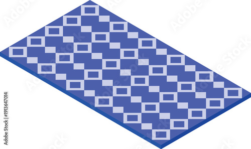 Checkered pattern composed of squares adorning a blue rectangular surface, presented in an isometric perspective