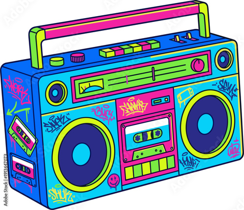 Retro Boombox With Graffiti Accents And Cassette Tapes In Neon Colors