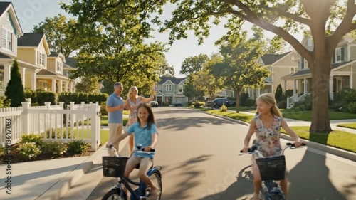 Wallpaper Mural A happy family enjoys a sunny day biking and walking together on a suburban street lined with charming houses. Torontodigital.ca
