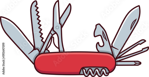 Open Red Pocket Knife With Many Tools Such As Saw Scissors and Screwdriver On White Background